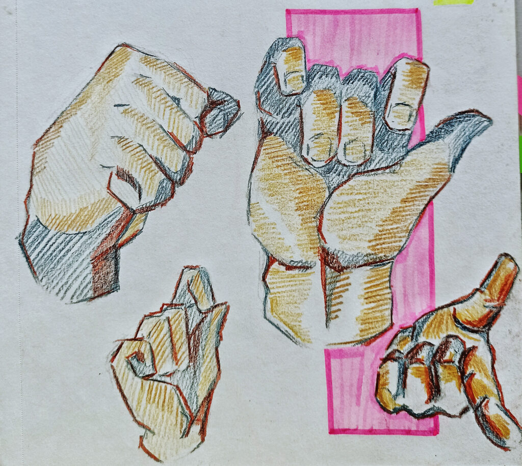 Da artista Ema Parreira, arte contemporânea em desenho tradicional, ilustração de mãos