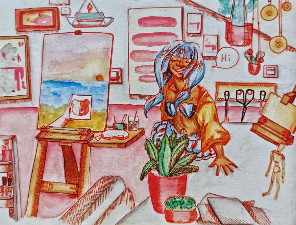 Da artista Ema Parreira, ilustração estilo cartoon em aguarela, desenhos de anime e videojogo Danganronpa