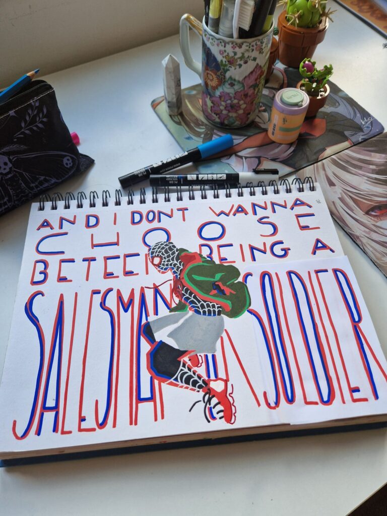 Da artista Ema Parreira, ilustração estilo cartoon em canetas Posca, do filme Into the Spider Verse