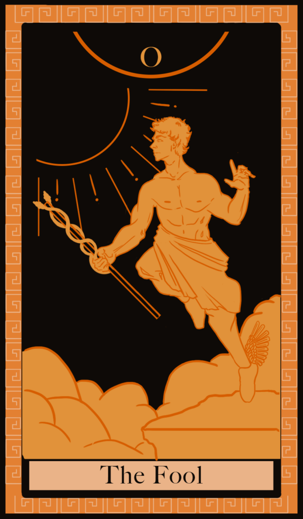Da ilustradora portuguesa Ema Parreira, desenho digital de cartas de Tarô original, O Tolo, inspirado em mitologia grega