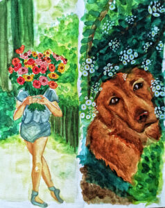 Da artista Ema Parreira, arte contemporânea em desenho tradicional, ilustração em aguarela de modelo e cão