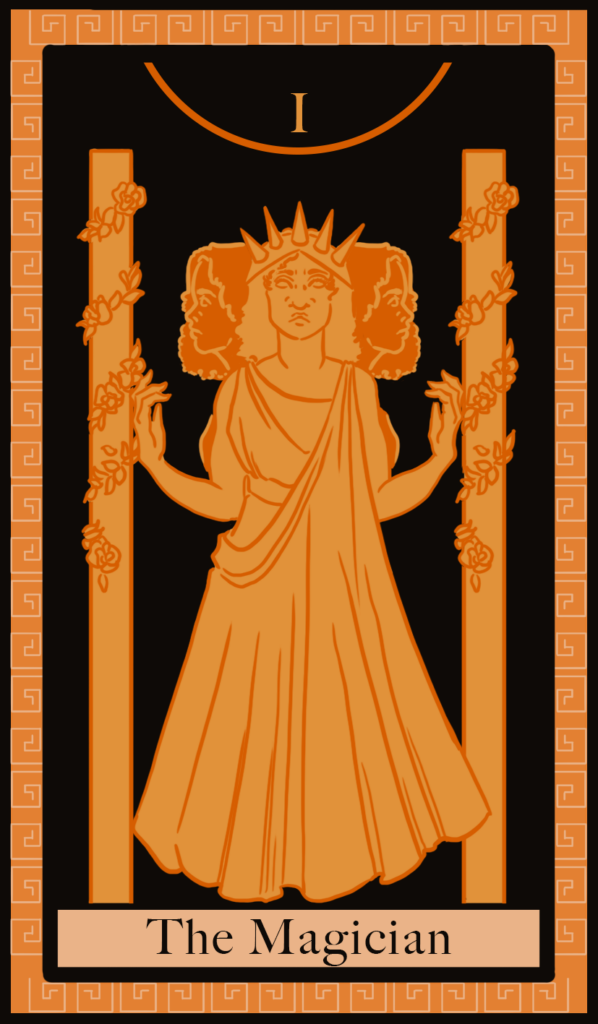 Da ilustradora portuguesa Ema Parreira, desenho digital de cartas de Tarô original, O Mago, inspirado em mitologia grega