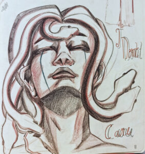 Da artista Ema Parreira, arte tradicional em desenho de lápis de cor, ilustração de Medusa