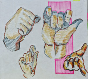 Da artista Ema Parreira, arte tradicional em desenho de lápis de cor, ilustração de mãos