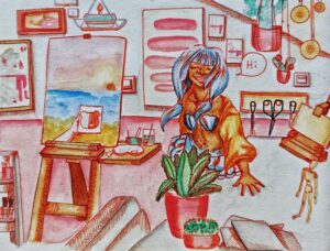 Da artista Ema Parreira, arte tradicional em desenho de aguarela, ilustração de Danganronpa