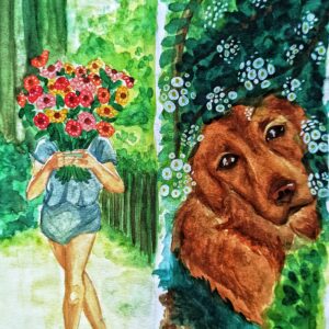 Da artista Ema Parreira, arte tradicional em desenho de aguarela, ilustração de modelo e labrador